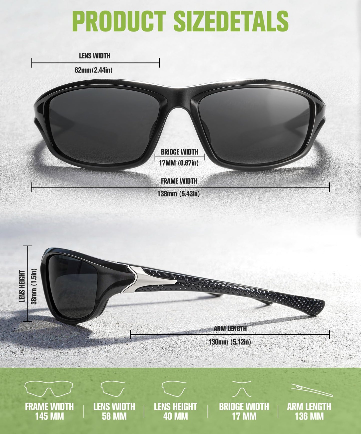 QALLY Polarized Sunglasses Men Sports Sunglasses for Men UV400 Sunglasses for Driving Golf Cycling Fishing Running