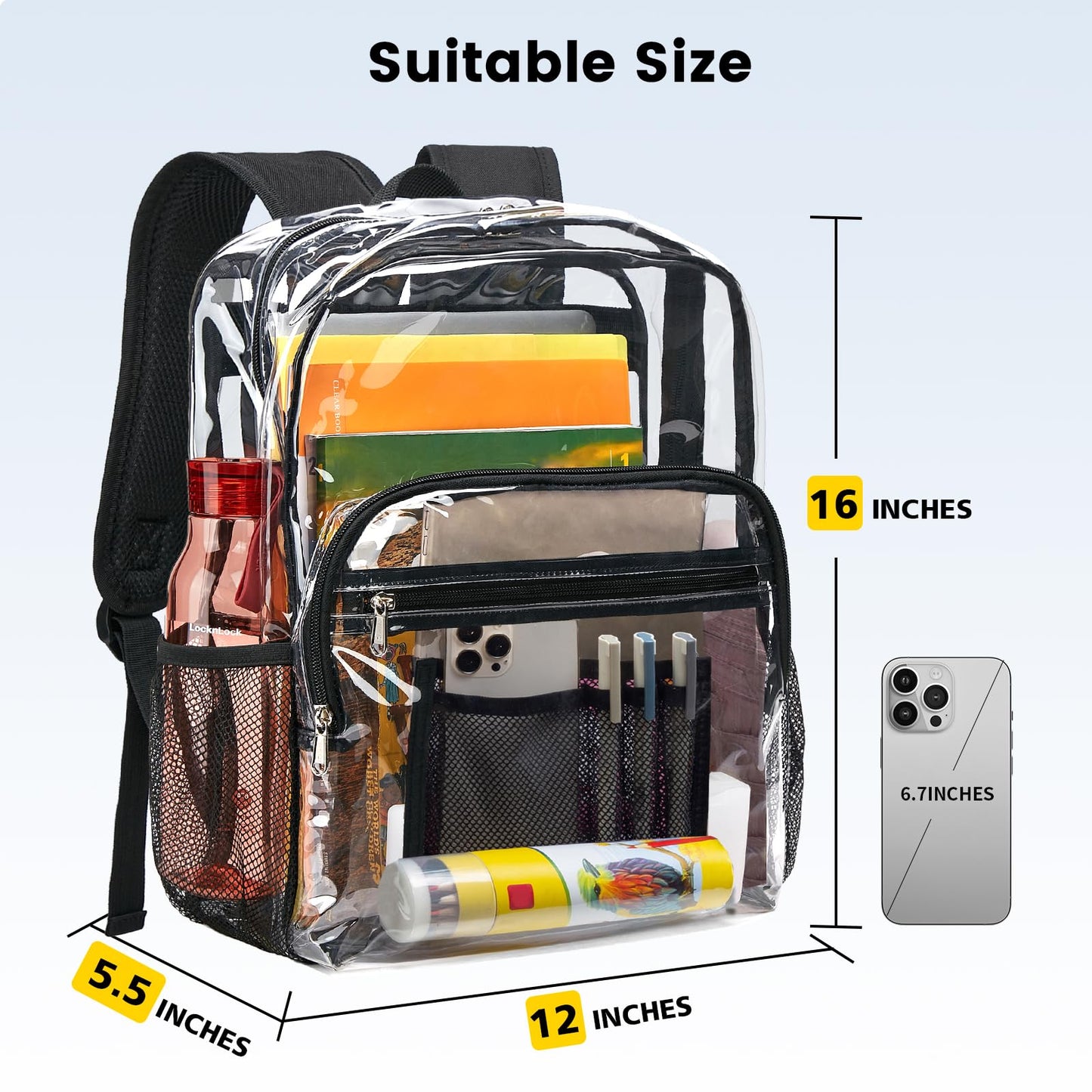 Vorspack Clear Backpack Heavy Duty - Clear Bookbag Large See Through Backpack Plastic Transparent Backpacks for College Work Travel - Black