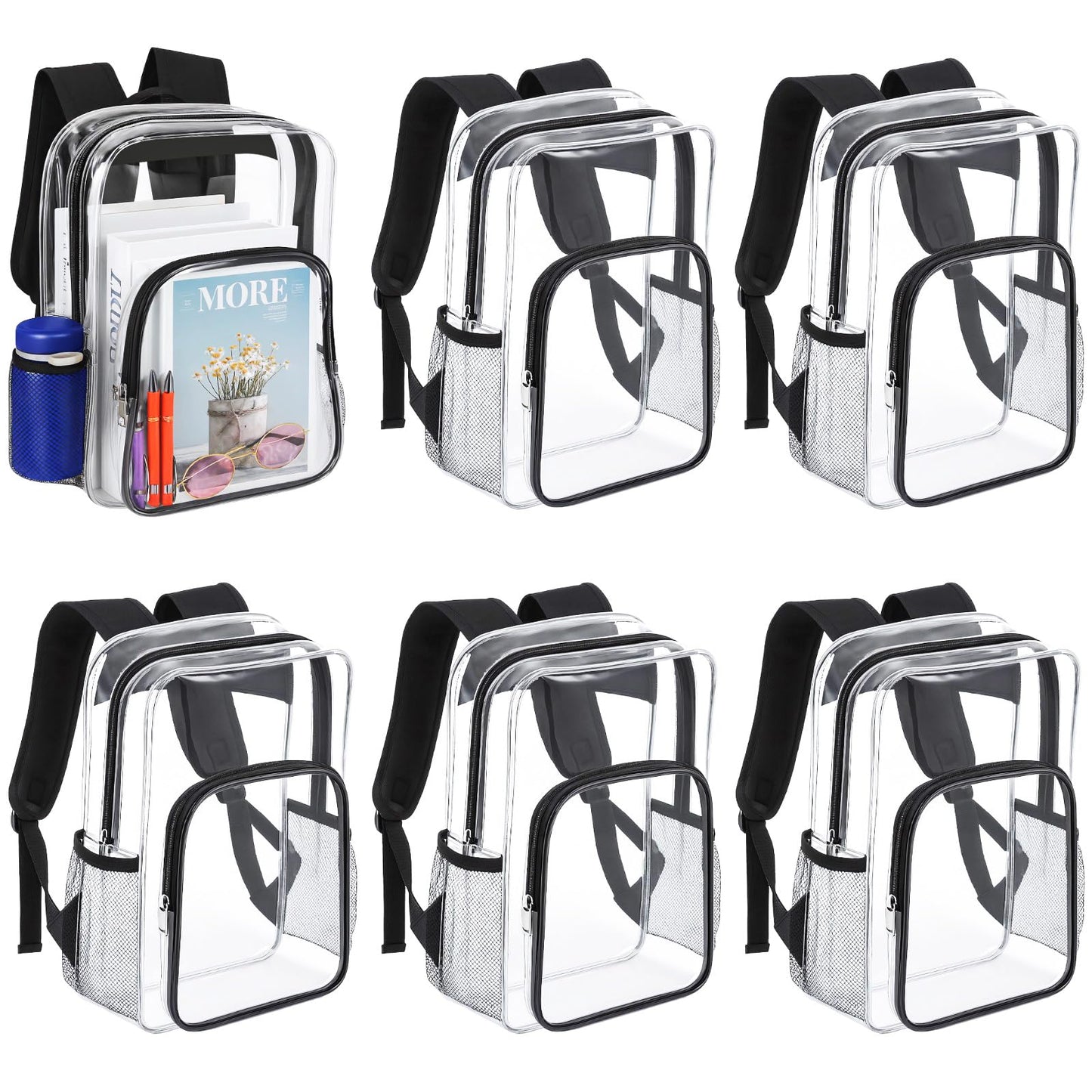 6 Pcs Clear Backpack for Stadium Events, Clear Backpack For Work, Waterproof PVC Zippered Transparent Backpack with Side Pockets, Large Capacity Backpack for Quick Security Check, 14 x 11 x 5 In
