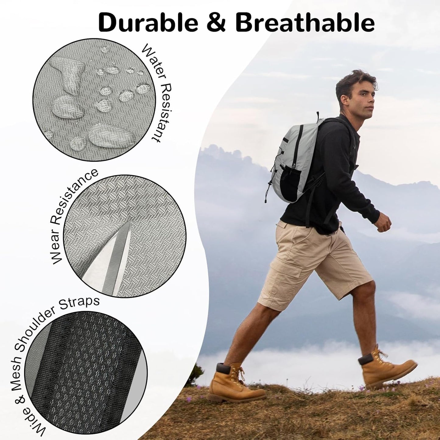 15L Small Foldable Hiking Backpack for Men Women, Packable Collapsible Daypack for Casual, Light Gray
