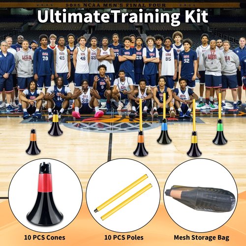 Obstacle Cones for Basketball Football and Sports Training, 10pcs Cones and 10pcs Poles with Carry Bag, Basketball Cones and Soccer Agility Poles for Soccer Basketball Speed Training