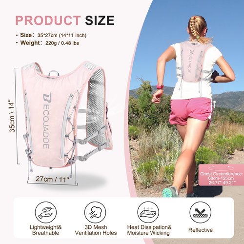 BECOJADDE Running Vest Hydration Backpack for Men Women, 5L Lightweight Running Backpack Hydration Pack for Marathon, Trail, Cycling, Hiking, Jogging Pink