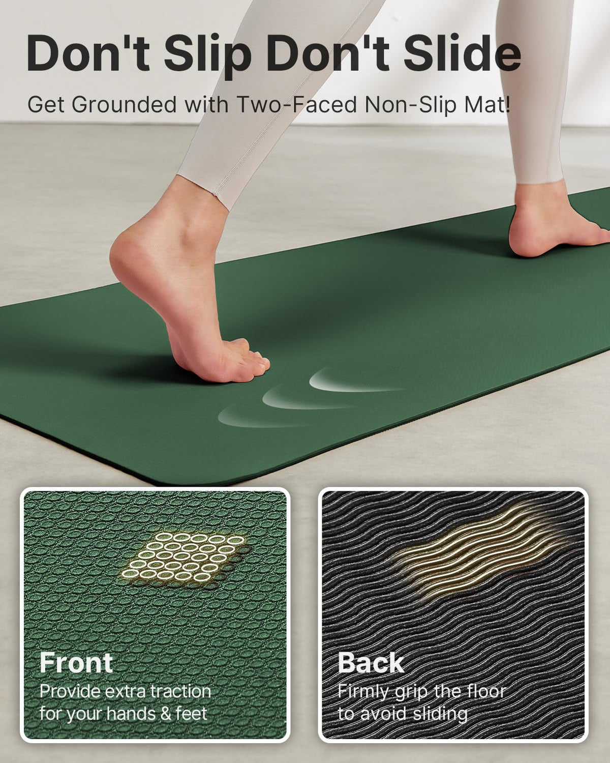 YOTTOY Yoga Mat, Non-Slip TPE Exercise Mat (1/4 Inch) for Pilates, Fitness & Barefoot Workouts, Home Gym Studio with Strap & Bag (Green, 24 * 0.24 Inches)