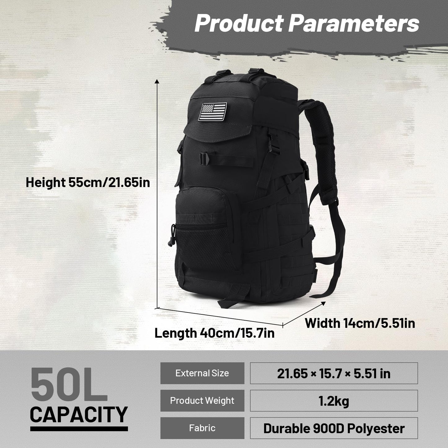 AUMENTAR 50L Tactical Backpack for Men and Women, Water-Resistant Molle Rucksack, Large Military Assault Pack for Hiking, Hunting, Camping, Gym & Outdoor Survival Black
