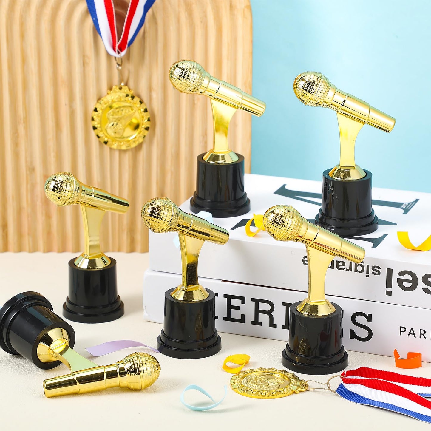 Tondiamo Small Trophy Celebrate The Top Award 6 Inch Tall Plastic MVP Funny Game Small Trophy and Awards for Employees Boss Custom Competition Gifts(Microphone)