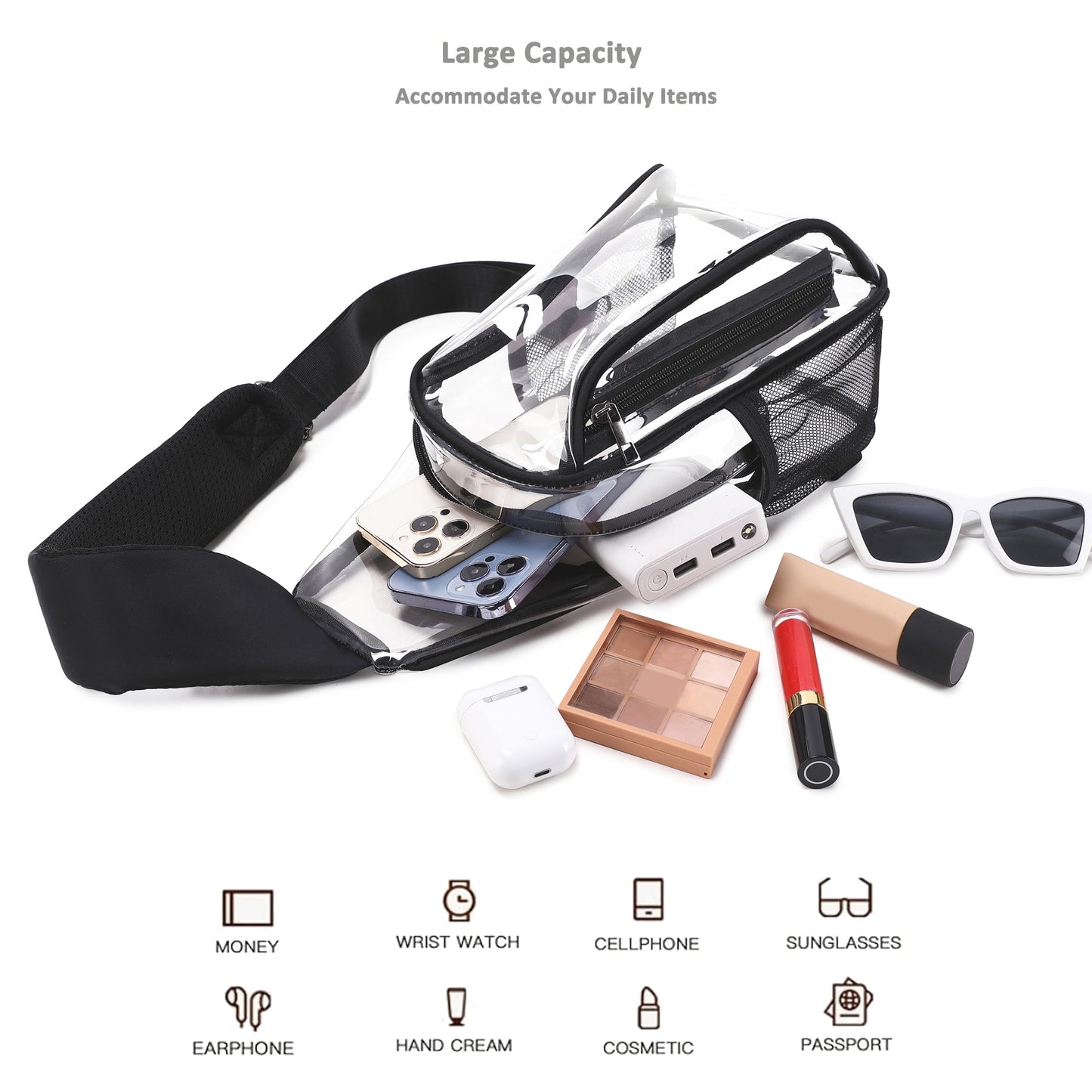 Caoroky knight clear bag for stadium events approved crossbody bags transparent TPU sling shoulder purse casual chest pack heavy duty clear backpack for men women-Black
