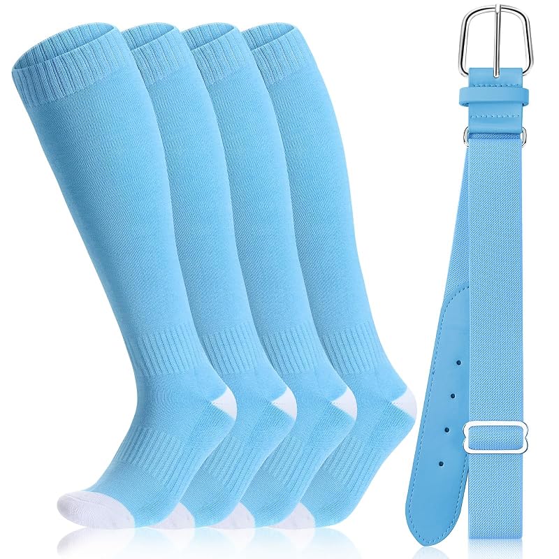 Light Blue Baseball/Softball Sock and Belt Combo Set - Youth & Adult Sizes, 2 Socks + 1 Belt