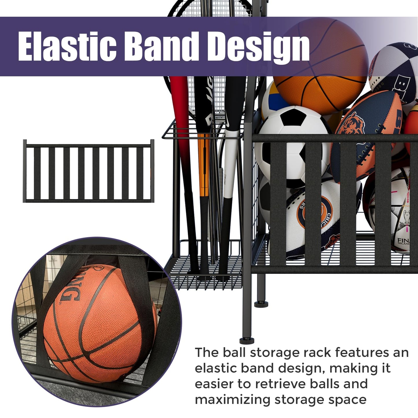 JIRTEMOT Sports Equipment Organizer, Heavy Duty Golf Bags Stand, Extra Large Ball Storage Rack for Garage, Sports Gear Storage with Basket and Hooks, Black