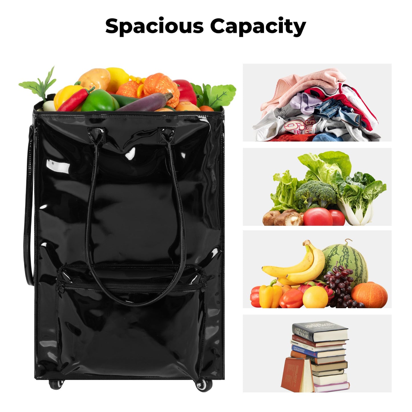 StorageWorks Grocery Cart on Wheels, Zipper Closure Rolling Bag, Shopping Trolley Carries Up to 44 lb, Rolling Tote Bag with Handles, Black, 72L, Medium