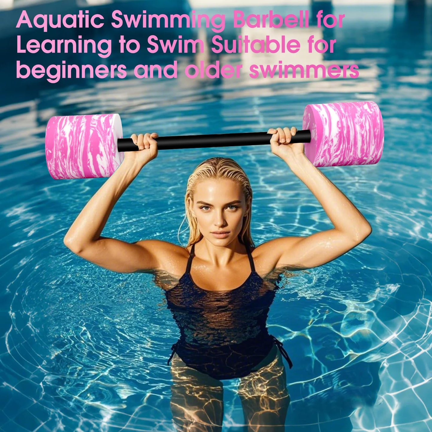 IEBIYO 29.3’’Aquatic Exercise Equipment Swim Barbell High Density EVA Foam Pool Barbell Swim Dumbbell with Water Exercise Discs Aquatic Fitness Equipment (Pink&White)