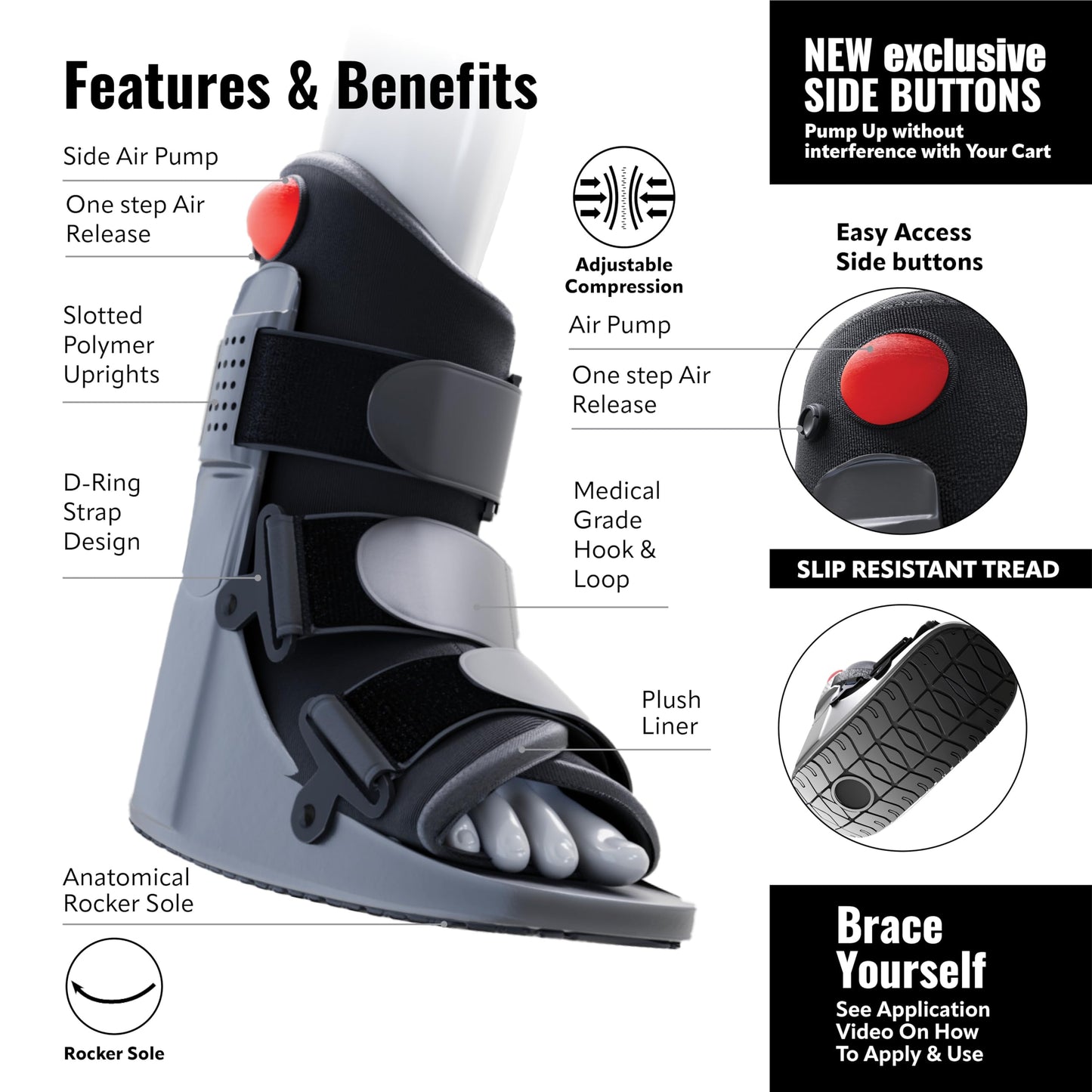 Braceapedia Short Air Compression Walking Boot Foot Brace - Side Pump Pneumatic Brace for Ankle Support & Foot Injuries - 360 Rocker Sole Cam Walker for Stress Fractures & Post-Op, Medium