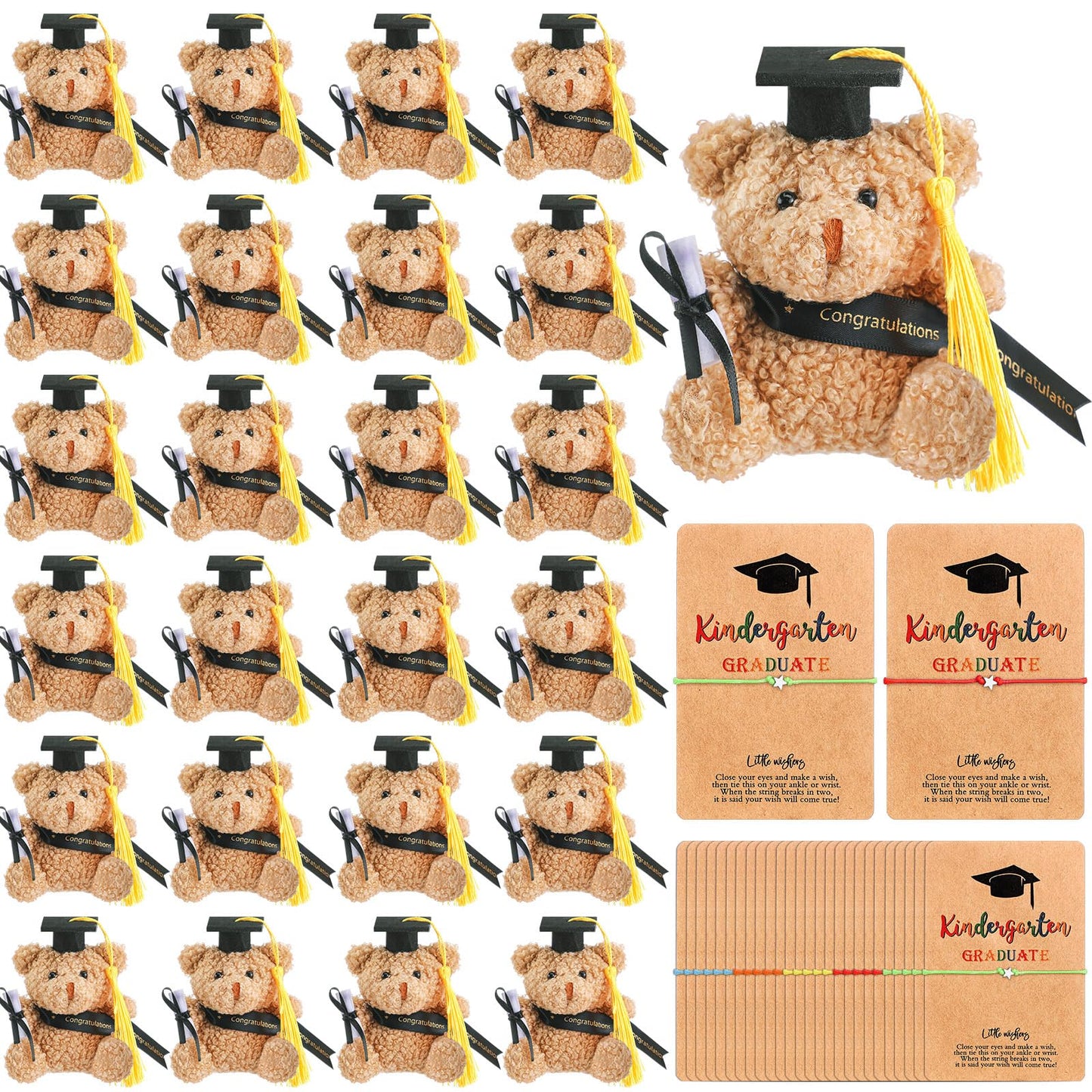 Motionchic 50 Pcs 2026 Kindergarten Graduation Bear Bulk Set with 25 Graduation Gift Mini Stuffed Bears 25 Wish Bracelet Organza Bag Card for Kid Child Kindergarten Class of 2026 Party Favors(Black)