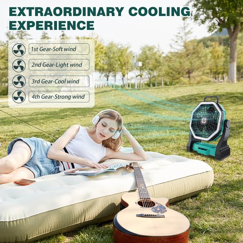 Roykaw Portable Fan for Travel, 10400 mAh Rechargeable Camping Fan, Cordless Battery Powered Fan with Led Light, with Handle, Hang Hook, Fishing, Green