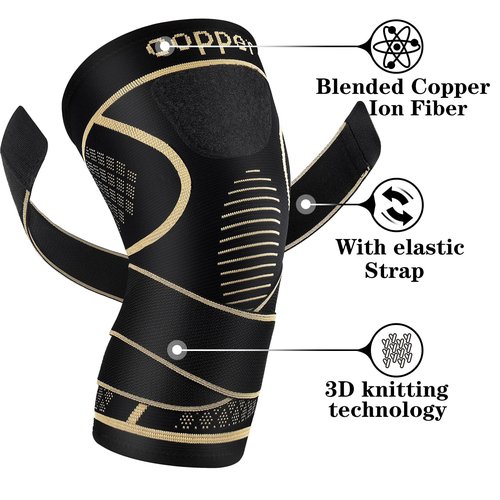 Copper Knee Braces with Strap for Knee Pain Women and Men(2 Pack), Knee Compression Sleeve for Arthritis, ACL, Meniscus Tear, Joint Pain Relief, Knee Support for Working, Running, Weightlifting(M)