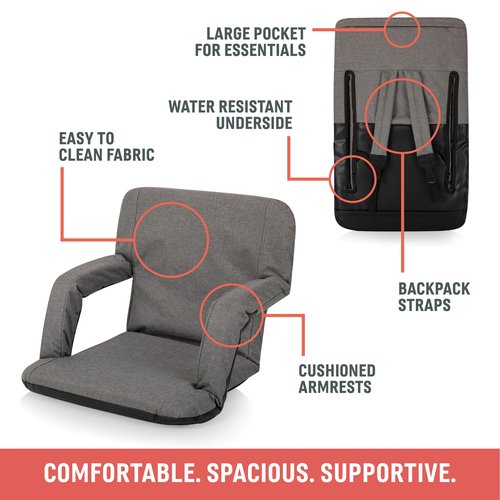 PICNIC TIME ONIVA - a Brand Ventura Reclining Stadium Seat with Back Support - Bleacher Seat - Beach Floor Chair, (Black)