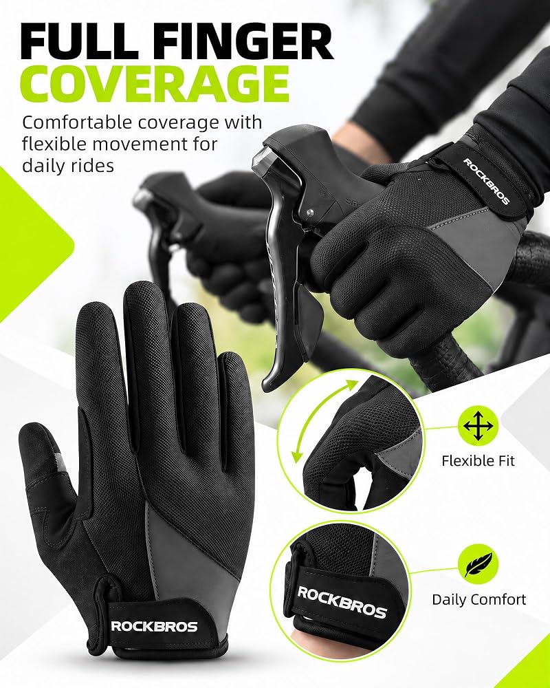 ROCKBROS Full-Finger Cycling Gloves with Gel Pad – Breathable, Touchscreen, Unisex (US XL / Asian XXL) – Black