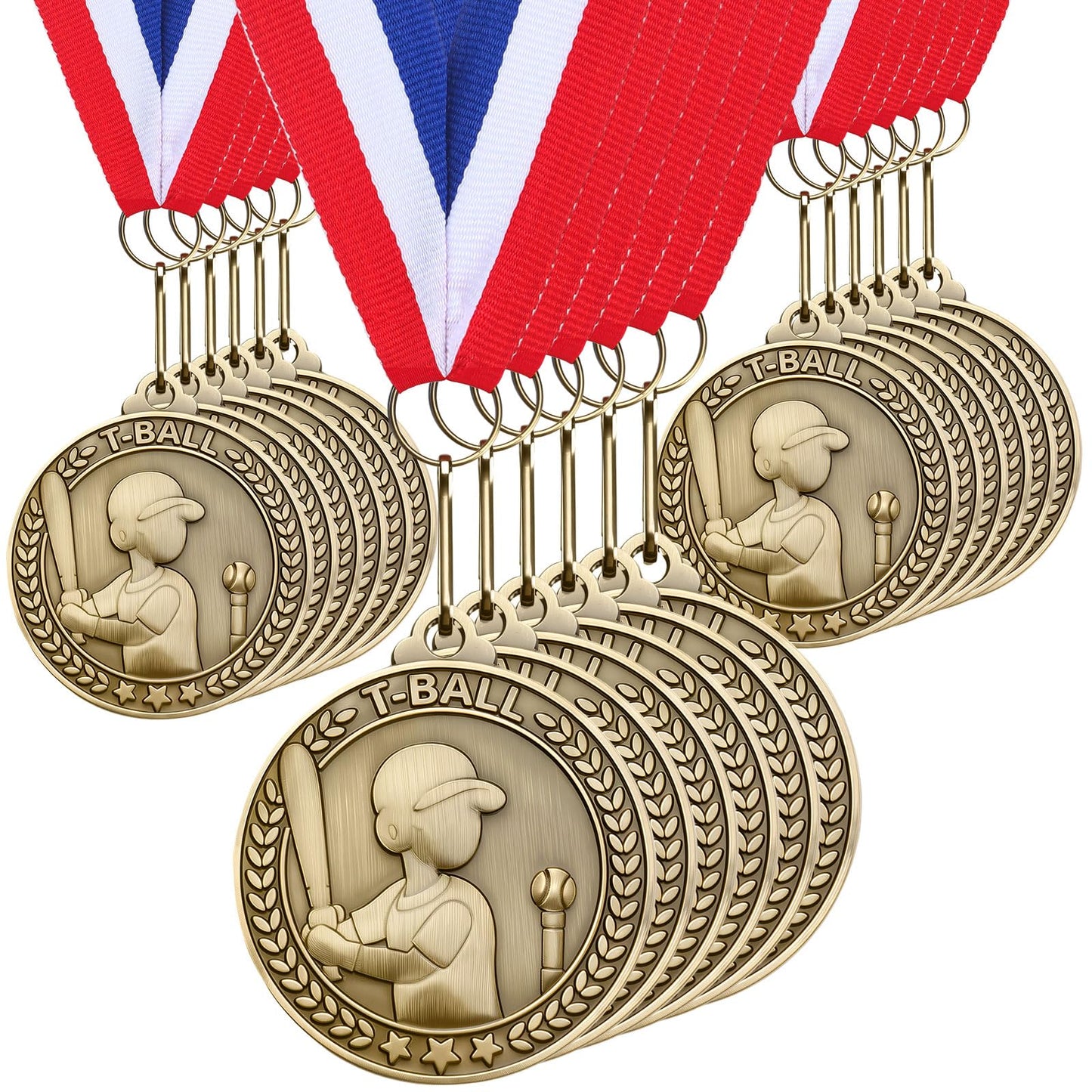 Remuuly 30 Pcs Gold Medals Bulk 2'' Basketball Soccer Baseball Volleyball Football Lacrosse Kickball Cheer Bowling Trophy Medals for Awards for Sports Participation Winner Gift(Gold,Tball)
