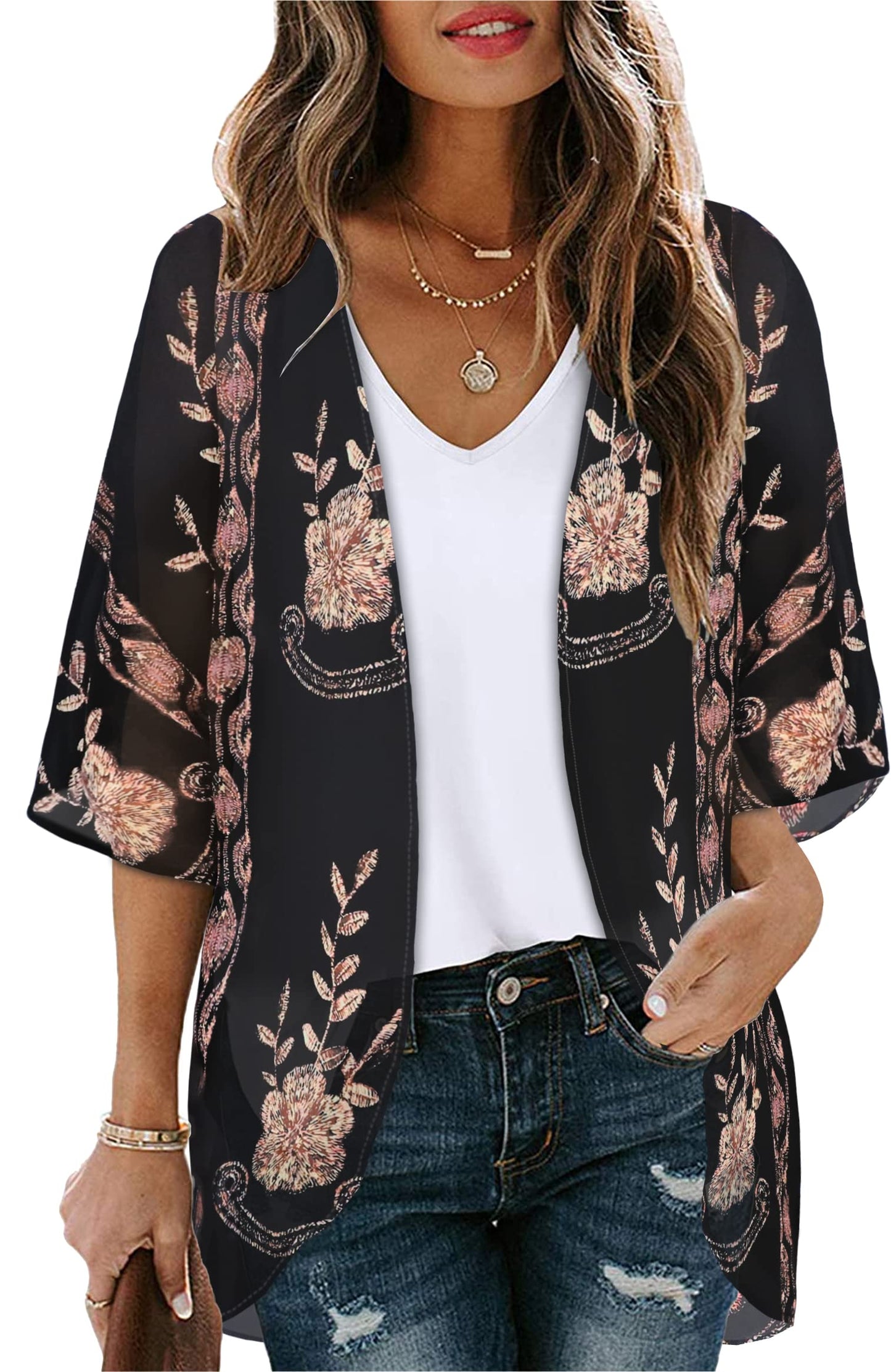 Kimono Cardigans Floral Womens Tops Dressy Casual Spring Cover ups Chiffon Open Front Shirts (BlackLace,XL)