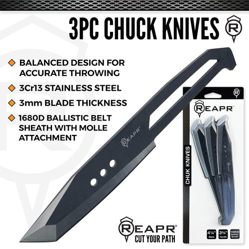 Reapr CHUK 3-Piece Throwing Knife Set – 8" Fixed Blade Knives with 420 Stainless Steel Stonewashed Blades, MOLLE-Compatible Nylon Sheath – Balanced for Target Practice, Camping, and Outdoor Use