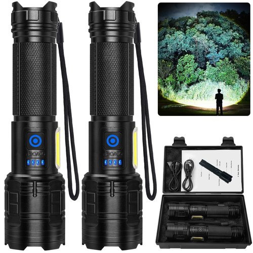 ALSTU Rechargeable 90,000 Flashlight High Lumen - 2 Pack Super Bright LED Flash Light with COB, 7 Modes Powerful Handheld Flashlight for Home