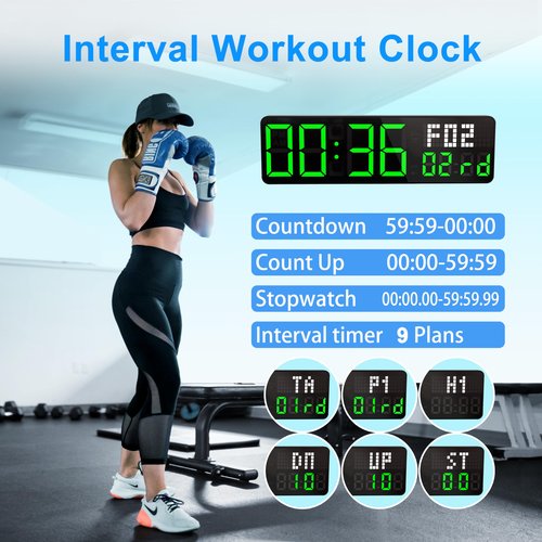 Gym Timer, 12'' Digital Wall Clock with Seconds Date for Home Gym, 5 Display Modes |4 Alarms | Remote Control Interval Workout Countdown Timer/Stopwatch for Classroom Office Living Room