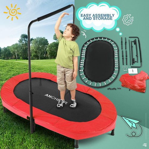 ANCHEER 56" Double Kids Trampoline with Adjustable Handlebar, 220lbs Capacity - Indoor/Outdoor Foldable Jumper for 2+ Users (ASTM Certified)