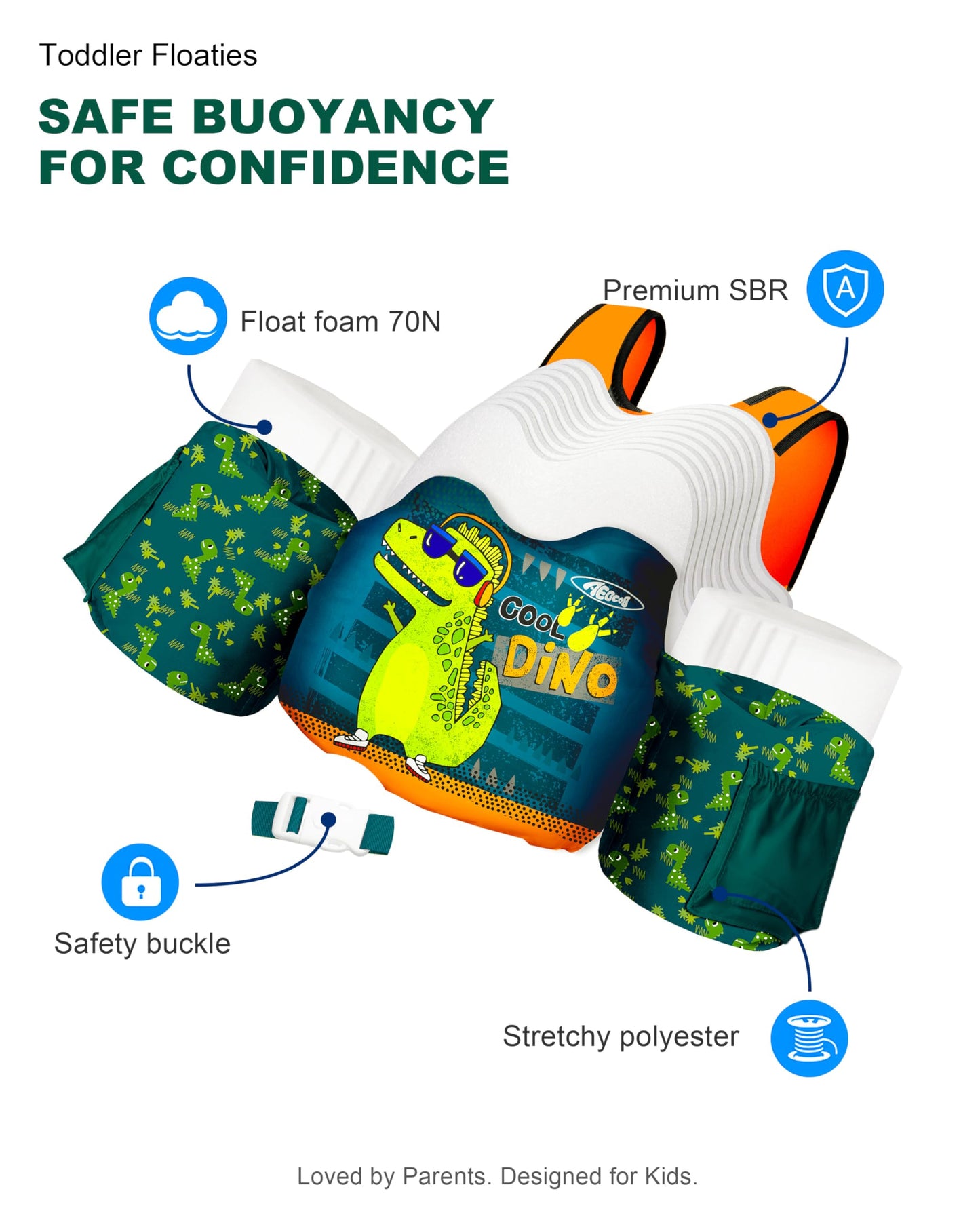 AEOCOO Puddle Float Jumper 30-50-60-70 Pounds, Toddler Swim Vest for 2-3-5-7 Years Old, Pool Floats with Swimming Arm Floaties Swim Jacket for Kids Swimmies, Boys, Girls, Niños, Cool-Dino
