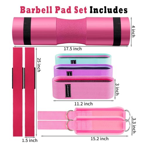 SINYWAY Barbell Pad Set, 10 Pcs Barbell Squat Pad for Hip Thrusts, Lunges, Leg Day with 2 Gym Ankle Straps, 3 Hip Resistance Bands, 2 Lifting Strap, Barbell Pad and Carry Bag