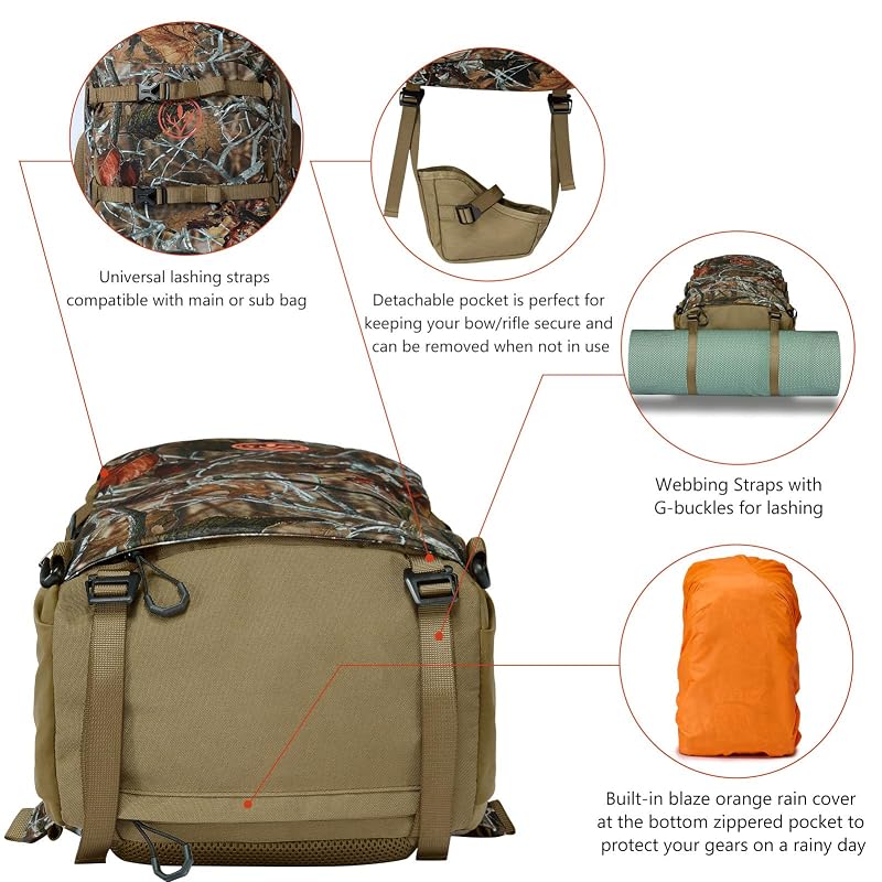 Autumn Forest 35L Hunting Backpack with Detachable Sub Bag & Bow/Rifle Pocket, Rain Cover