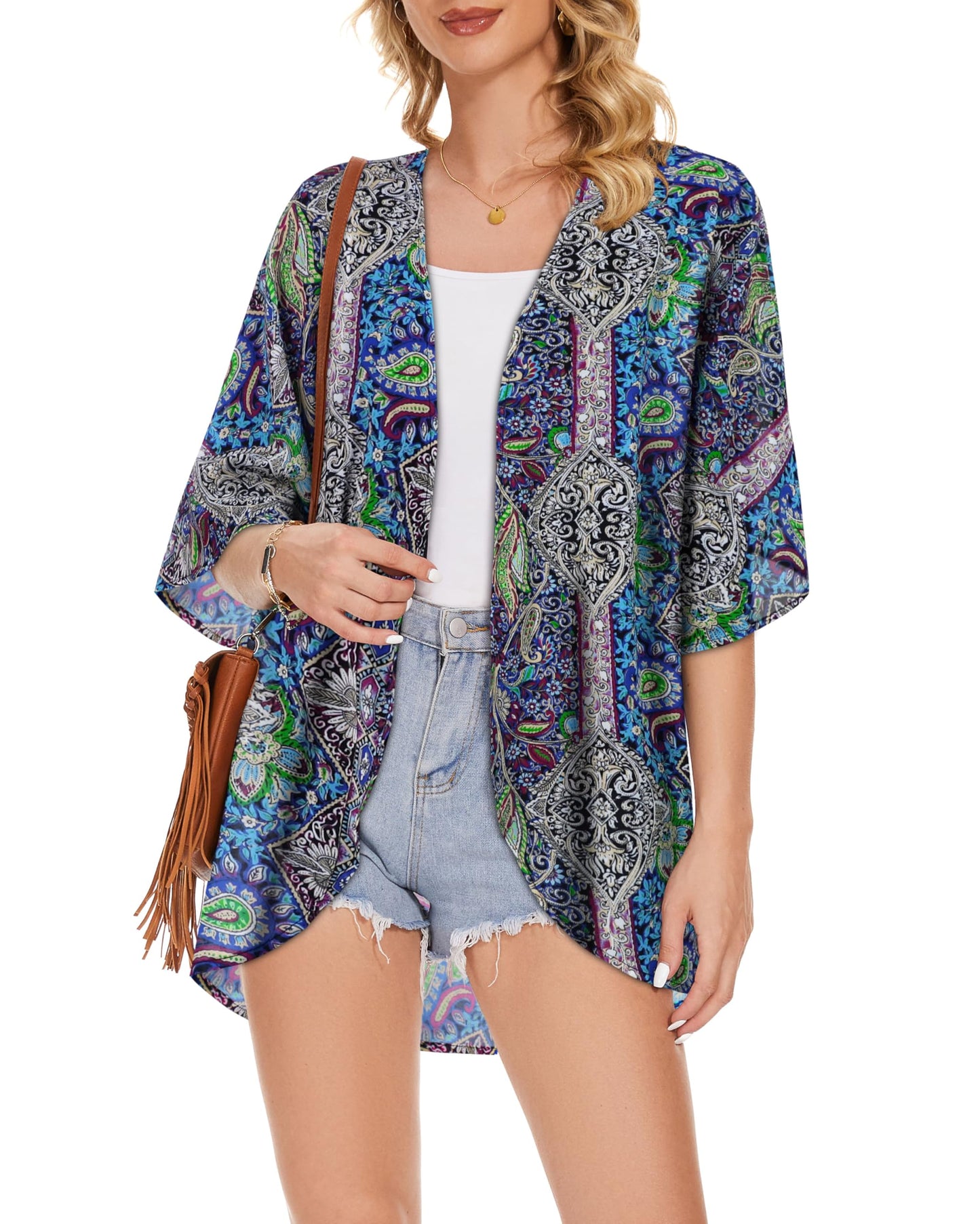 Women's Floral Kimono Print Puff Sleeve Loose Cardigan Cover Up Casual Blouse Tops (Blue Purple Bohemia Print, M)