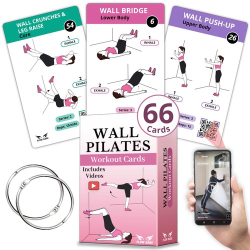 Wall Pilates Workouts for Women – 66 Exercise Cards with Videos & Workout Plan – Includes 5-Week Challenge, E-book, Chart & 2 Rings for Easy Organization – Home Pilates Workout Guide