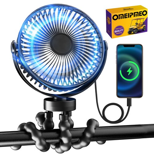 Rechargeable Golf Cart Fan, 12000mAh Stroller Fans, Adjustable 4 Speeds, LED Light, Power Bank, 360° Rotation, Portable Clip on Fans with Flexible Tripod for Club Car EZGO YAMAHA (1PCS Golf Cart Fan)