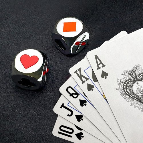 GDGJWL 2 Pack Zinc Alloy Euchre Cube Dice Set with Card Suits & Trump Markers - Durable Metal Game Dice for Euchre, Pinochle, Bridge, Pass The Pigs - Includes Portable Case & Cleaning Cloth
