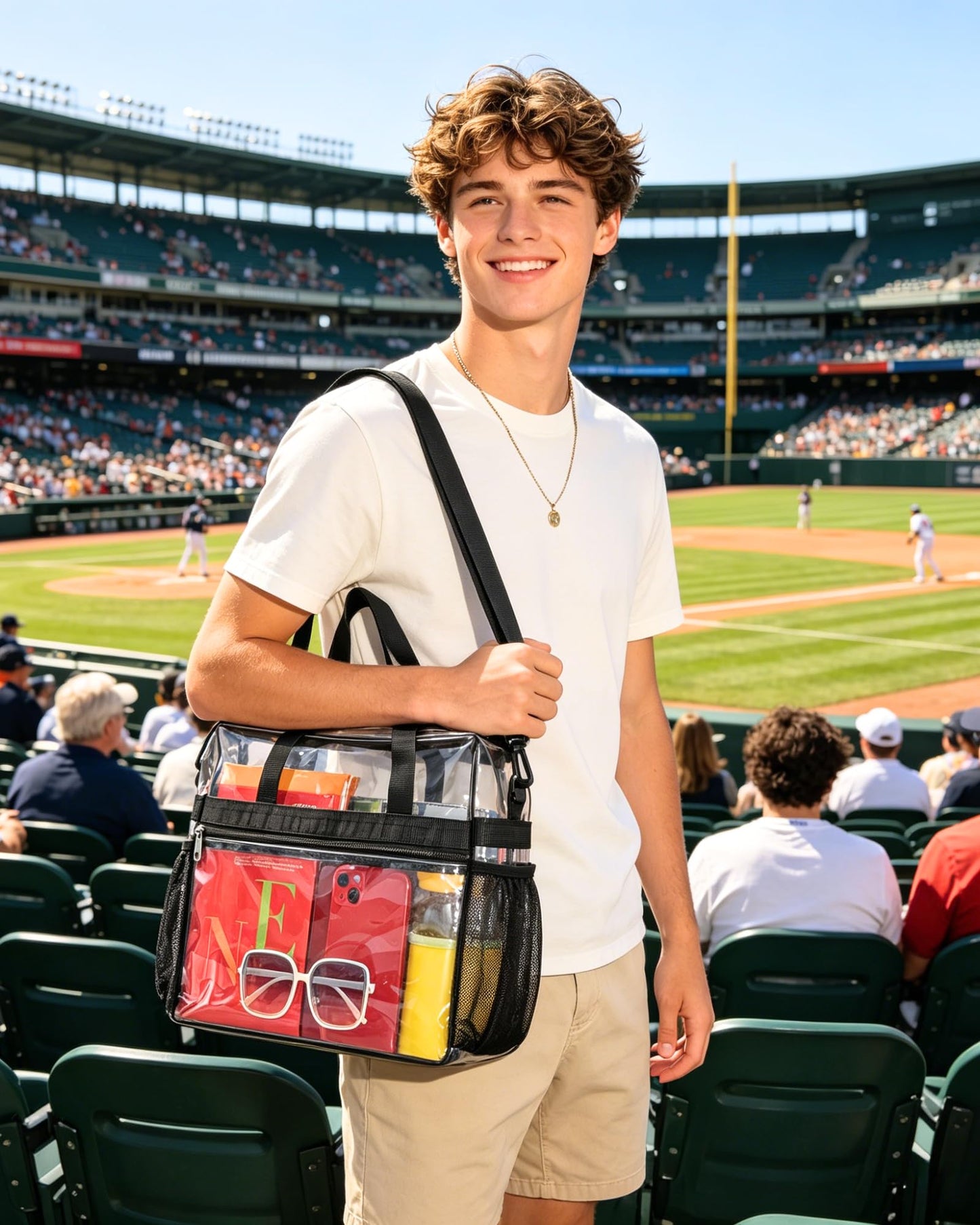 Paxiland Clear Bag for Stadium Events 12x6x12, Large Clear Tote Lunch Bag Stadium Approved with Detachable Reinforced Shoulder Straps for Concert and Festival, Transparent Handbag for men - Black