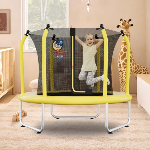 55" Toddler Trampoline for Kids with Safety Enclosure Net, 5FT Trampoline for Kids Indoor & Outdoor with Basketball Hoop, Birthday Gifts for Boy and Girl, Age 3-8