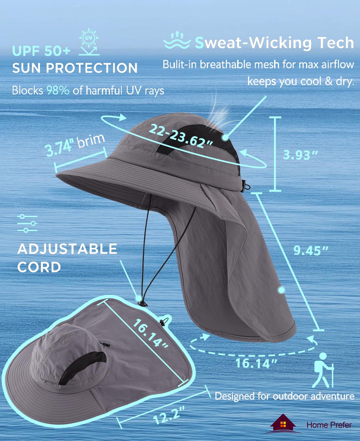 Home Prefer UPF 50+ Sun Hats for Men Women Wide Brim Fishing Hat with Neck Flap Summer Beach Safari UV Protection Bucket Hat Gardening Dark Grey