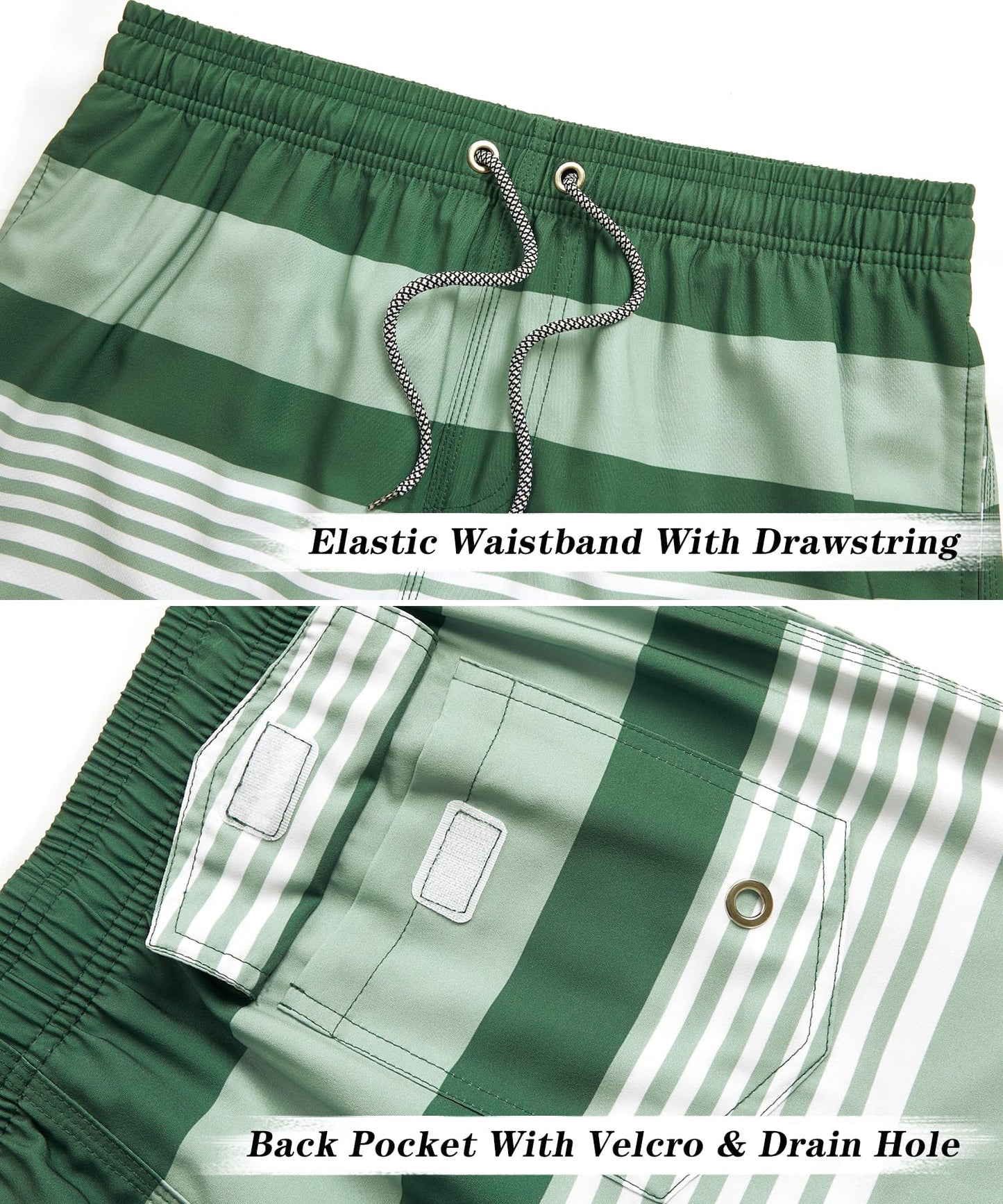 ELETOP Men's Swim Trunks Quick Dry Bathing Suit Swimming Board Shorts Mesh Lining Beach Swimwear Stripe Green White M