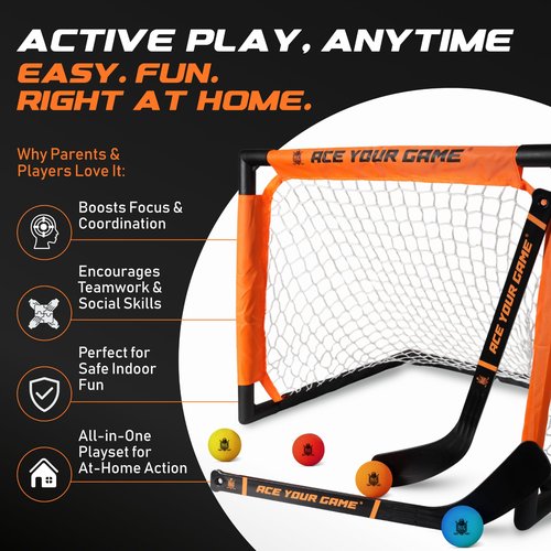 ACE HOCKEY - Shinny Hockey Set - Complete 2-Player Indoor/Outdoor Kit - Knee Hockey Goal Set (1) Goal, (2) Mini Sticks, and (4) Foam Balls - Mini Hockey Set
