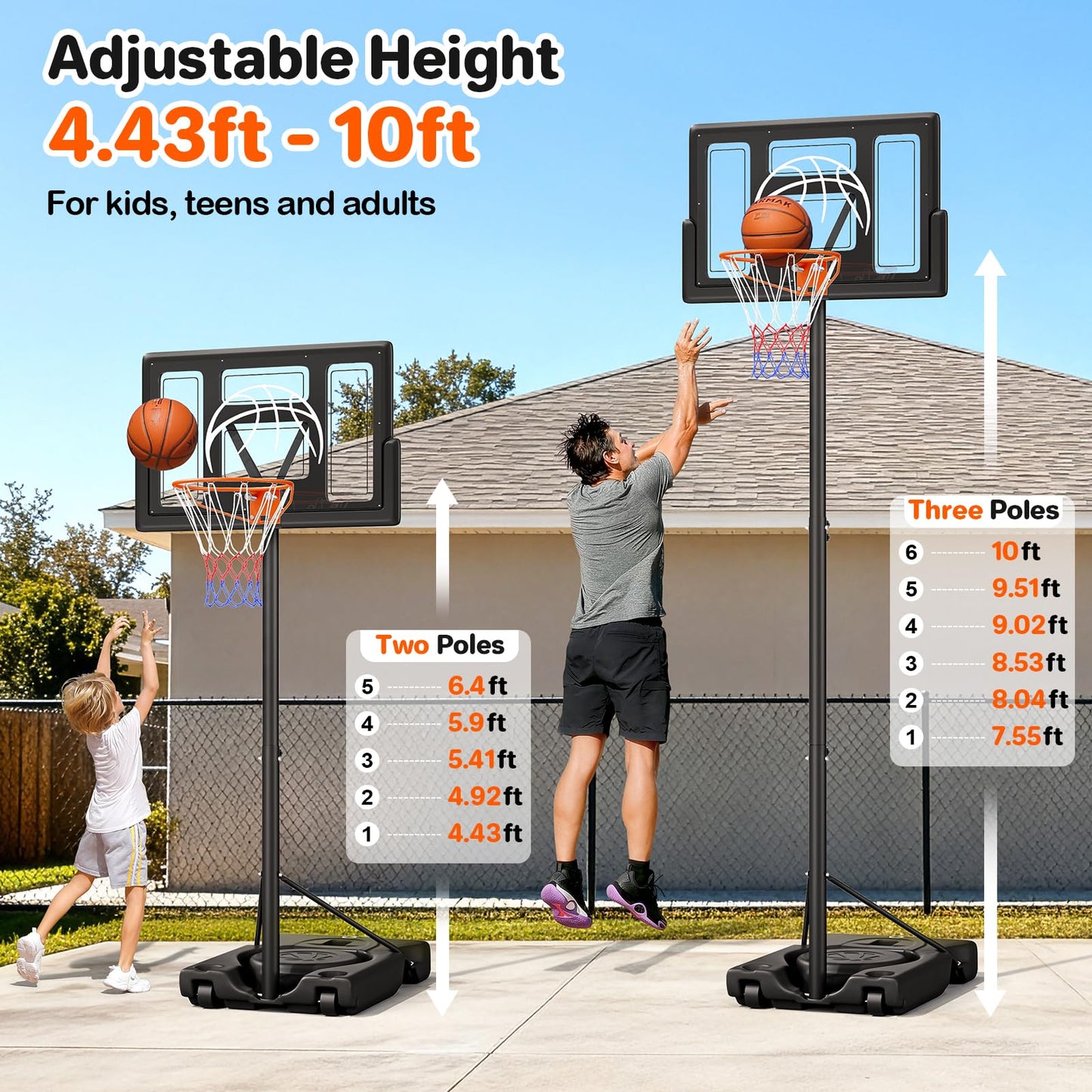 Yohood Basketball Hoop Outdoor 10ft Adjustable, Portable Basketball Hoop Goal System for Kids Youth and Adults in Backyard/Driveway/Indoor, 44 Inch Shatterproof Backboard and Larger Base