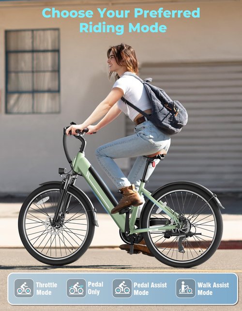 Jasion YC1 ST 26" Electric Bike, 750W Peak Motor, Step-Through Ebike for Adults, 360WH Removable Battery, Up to 40miles, Max 23MPH Urban Commuter E-Bike, 7 Speeds & Front Suspension