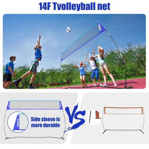 PLYOGO Volleyball Net, 14FT Freestanding Volleyball Net for Backyard, Adjustable Height and Instant Setup, Professional Portable Training Practice Set for Indoor and Outdoor, Volleyball and Carry Bag