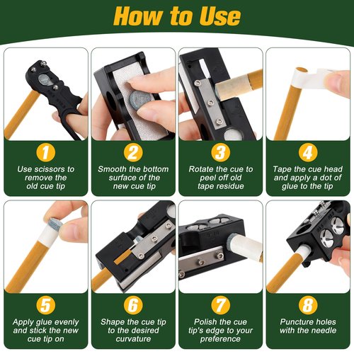 Solaradgy Billiards Pool cue Tips Replacement kit, Professional Pool Cue Tip Repair Kit, Portable Cue Stick Tool for Shaping and Replacing Tips, Complete Billiards Accessories