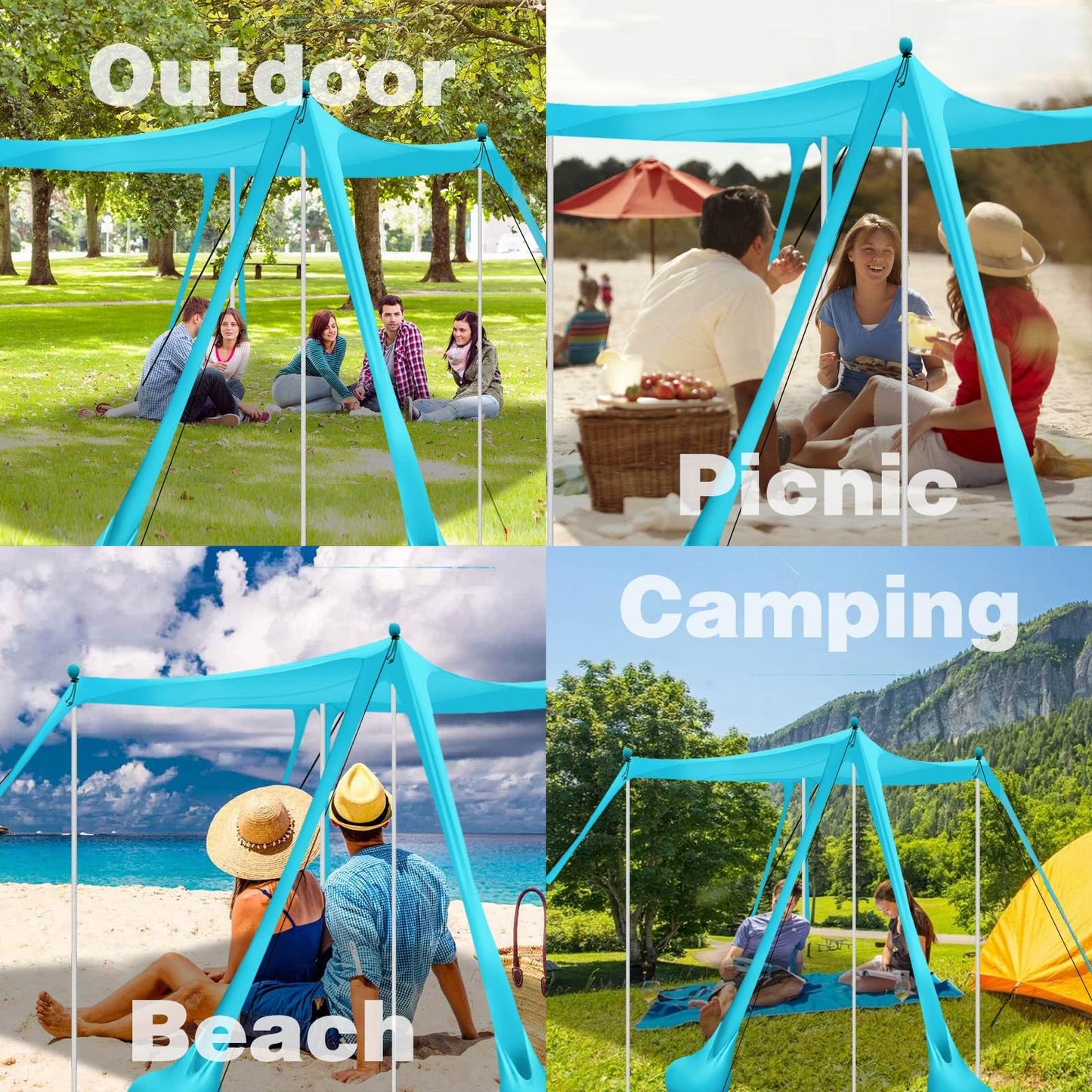 Beach Canopy Beach Tent 11X11 FT 6 Sandbags 4 Stability Poles Beach Shade Canopy UPF50+ Sun Protection Extra Windproof Ropes Carry Bag Easy to Set Up for Outdoor Camping