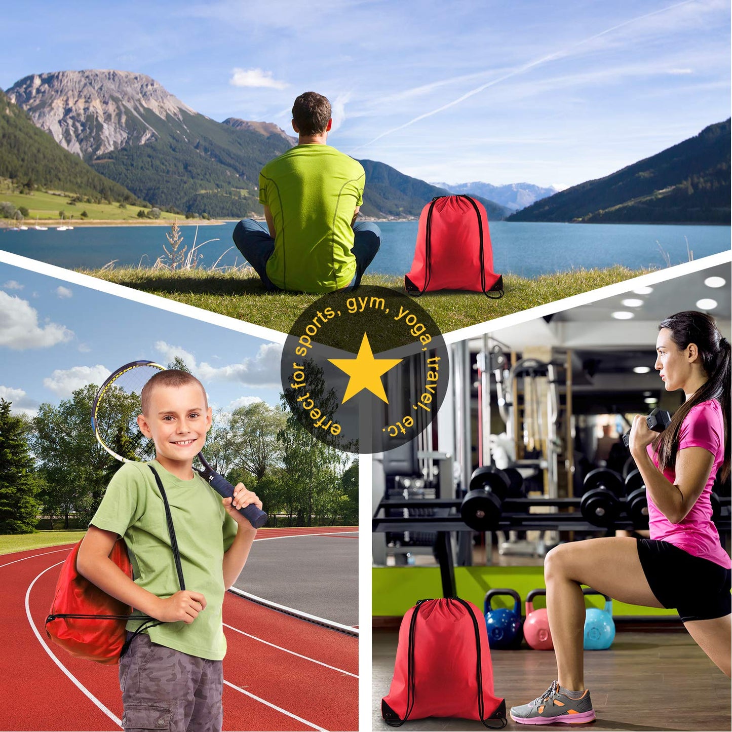 KUUQA 2 Pcs Drawstring Backpack Bags Bulk Sports Cinch Sack String Backpack Storage Bags for Gym Traveling（Black, Red）