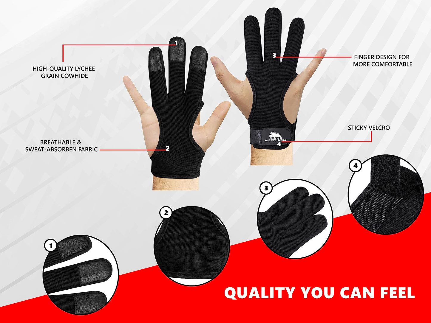 Mighty Musk Archery Glove Genuine Leather 3 Finger Protector for Recurve Bow Durable Shooting Gloves for Adult Archers (Black 4-Way Stretch Fabric, Medium)