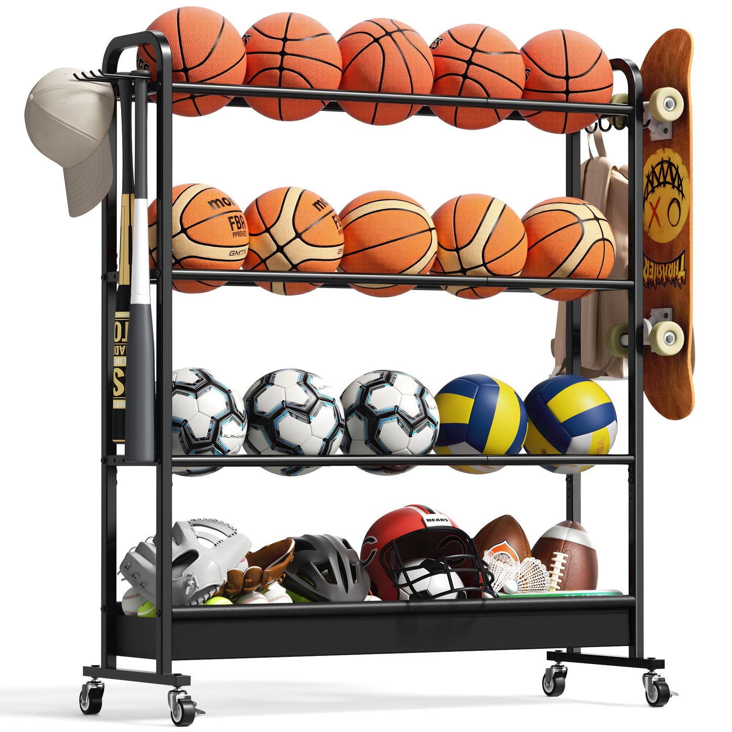 Josmimic Adjustable Basketball Rack with Wheels, 4-Tier Sports Ball Storage Cart for Basketball Football Volleyball Soccer & More, Holds up to 20 Balls
