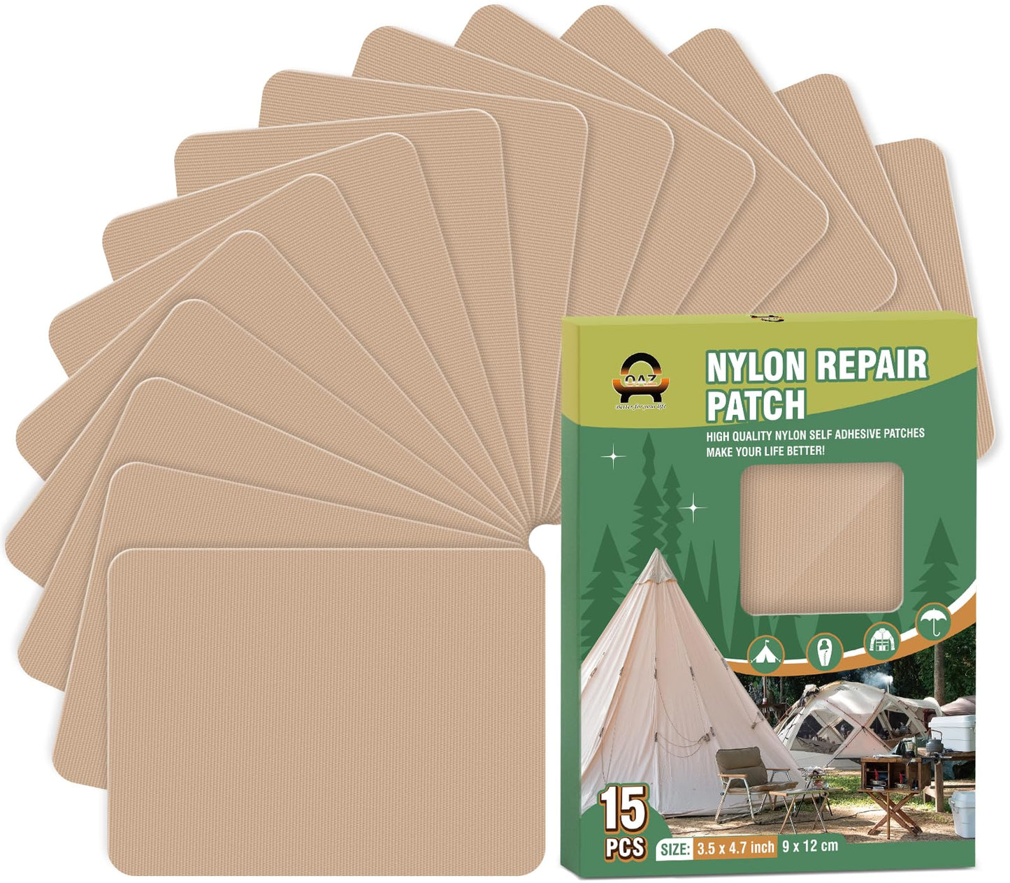 OAZ 15 Pieces 3.5 x 4.7 inch Nylon Repair Patches Nylon Fabric Patch Self-Adhesive Tent Repair Tape Waterproof Lightweight Repair Patches Repair Patch Kit for Clothing Down Jacket Bag (Khaki)