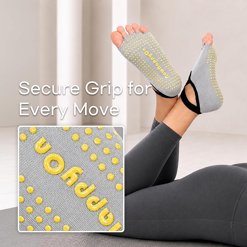 Yoga Socks for Women Open-Toe Non-Slip Grip 2 Pairs Black & Light Grey - Barre, Ballet, Dance