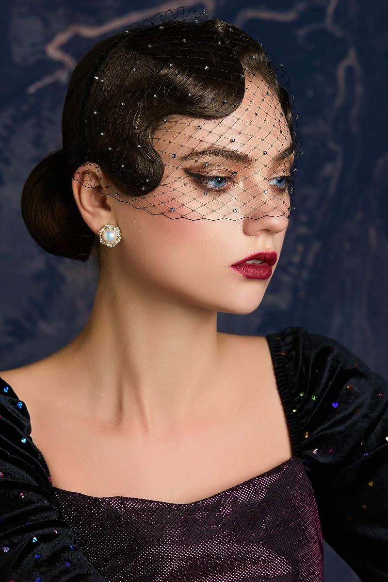 Babeyond 1920s Flapper Fascinator Mesh Veil Headband With Rhinestones - Black With Crystal