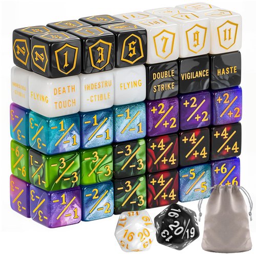 62 PCS MTG Dice Counters Set Keyword Tokens Abilities Life Counter 1/+1 counters Commander Buff Tokens Gold 6 Sided Dice Set for MTG, TCG, Card Games